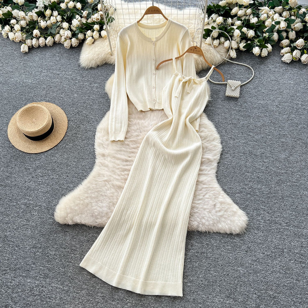 Feminine eleganttwo-piece set autumn classy waist suspender knittingdress+long sleevescardiganoutwear