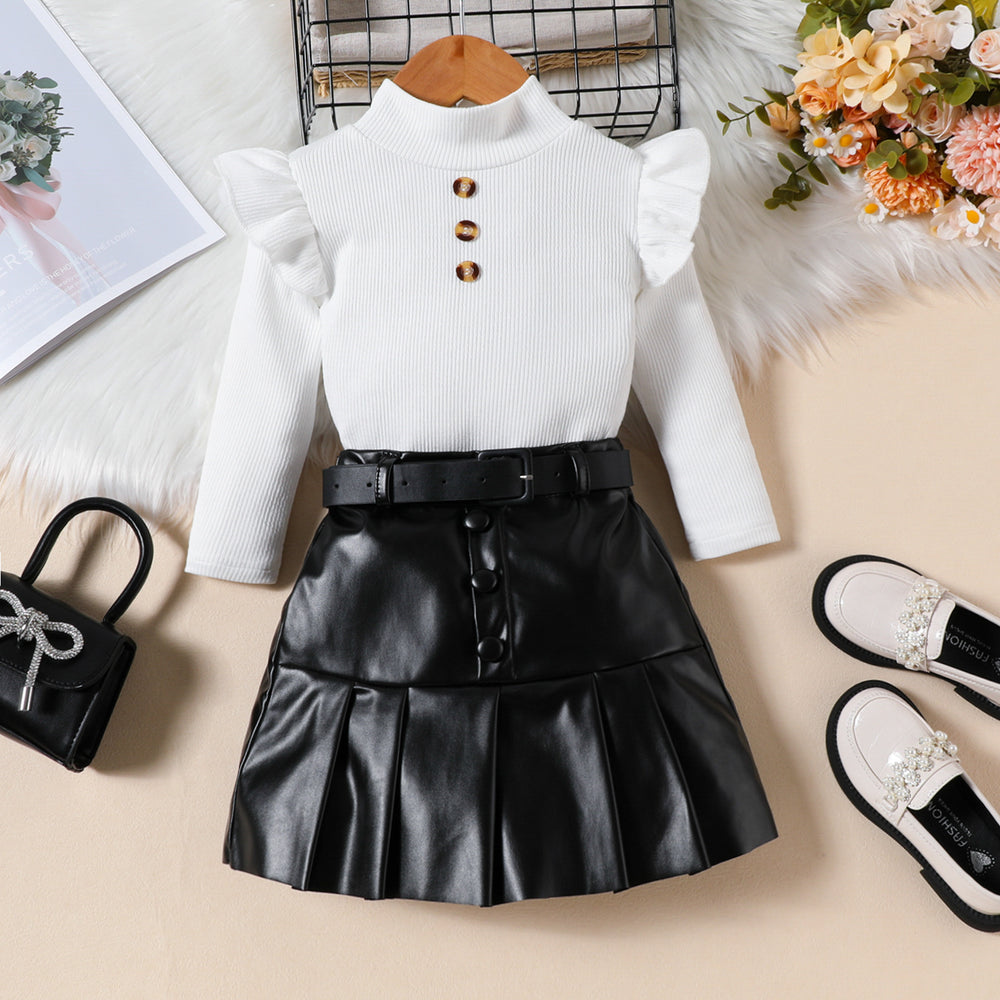 fashion girls' solid color high neck long sleeve top + pu leather pleated skirt + belt three-piece set