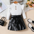 fashion girls' solid color high neck long sleeve top + pu leather pleated skirt + belt three-piece set
