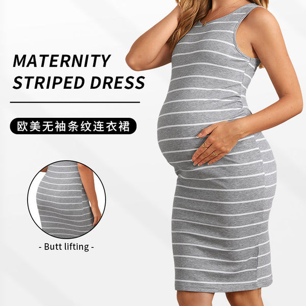 Cross-border new maternity dress crew neck skirt casual striped elastic tight sleeveless European and American maternity wear