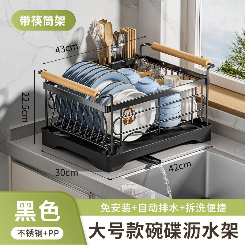 Stainless steel bowl rack, kitchen rack, countertop, household single-layer drain tray rack, large-capacity tableware and dish storage rack
