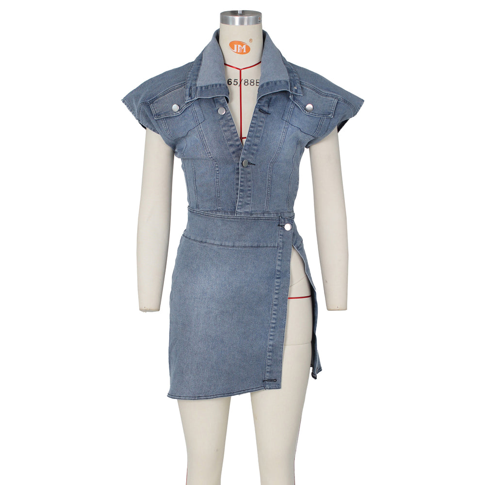 new summer women's outfit: casual street style sleeveless high-slit denim skirt set
