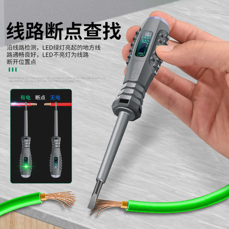 Electrician's multifunctional test pen - household use, cross & slotted, led breakpoint detection, rubberized grip, inspection with magnetic screwdriver