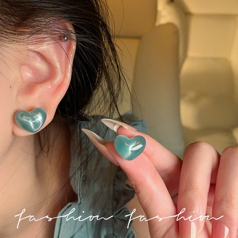 Japanese and korean fresh sweet jelly color stereo heart earrings women's fashion design elegantstylish cat's eye earrings