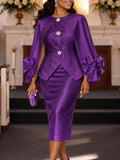 Church style shawl sleeve dress suit elegancebows decorated satin single breasted slit two-piece set