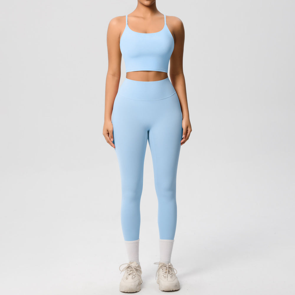 New arrival: double-sided brushed solid color seamless back compression yoga set - breathable workout outfit for running and fitness (two-piece)