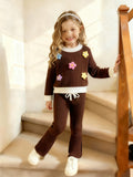 Girls' fall/winter outfit: dark brown knit top with white collar and matching pants - two-piece set for kids