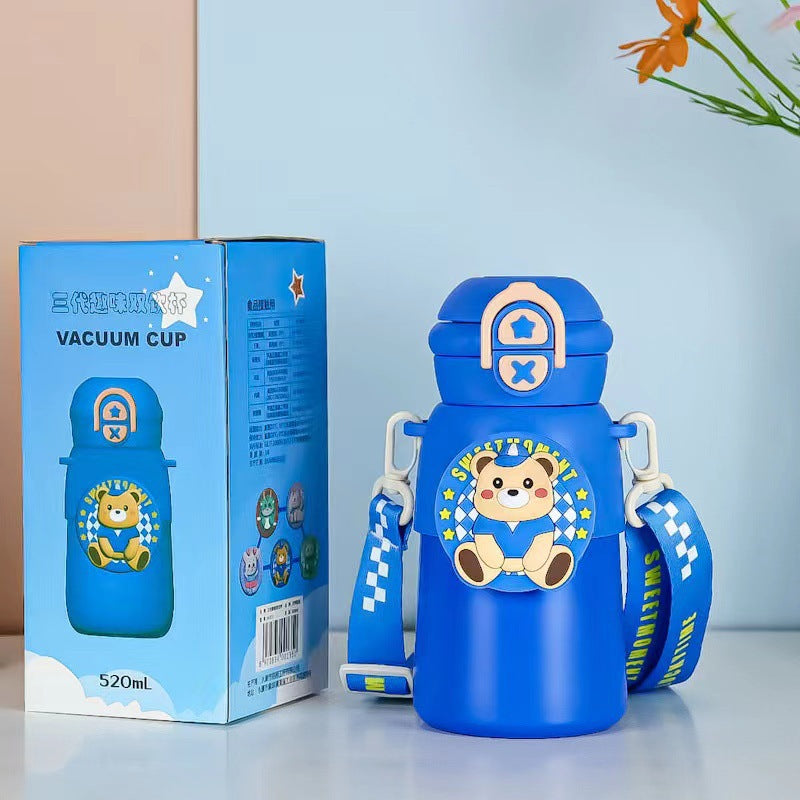 Cute and fun kids' insulated water bottle - 316 stainless steel, food-grade, cartoon design, portable student straw cup
