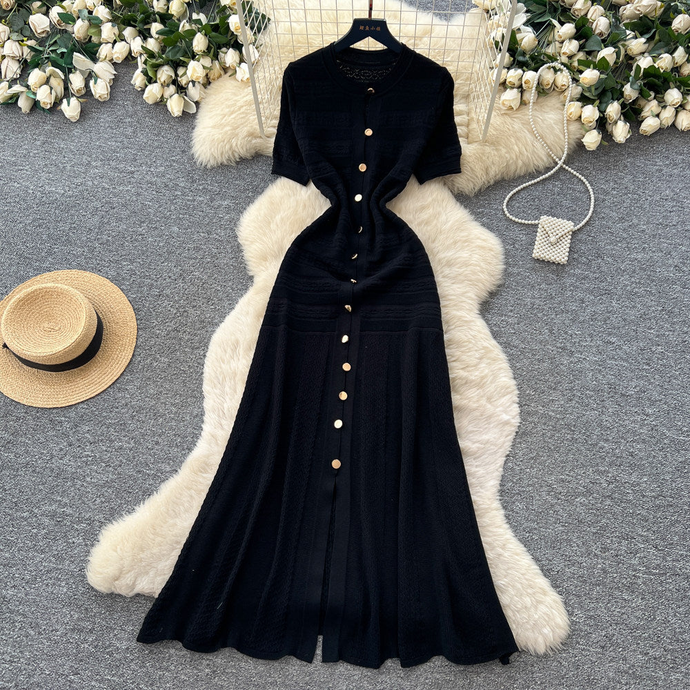 exportelegance style pure color single breasted knittingdress women's summerk-style silm slit long skirt dres