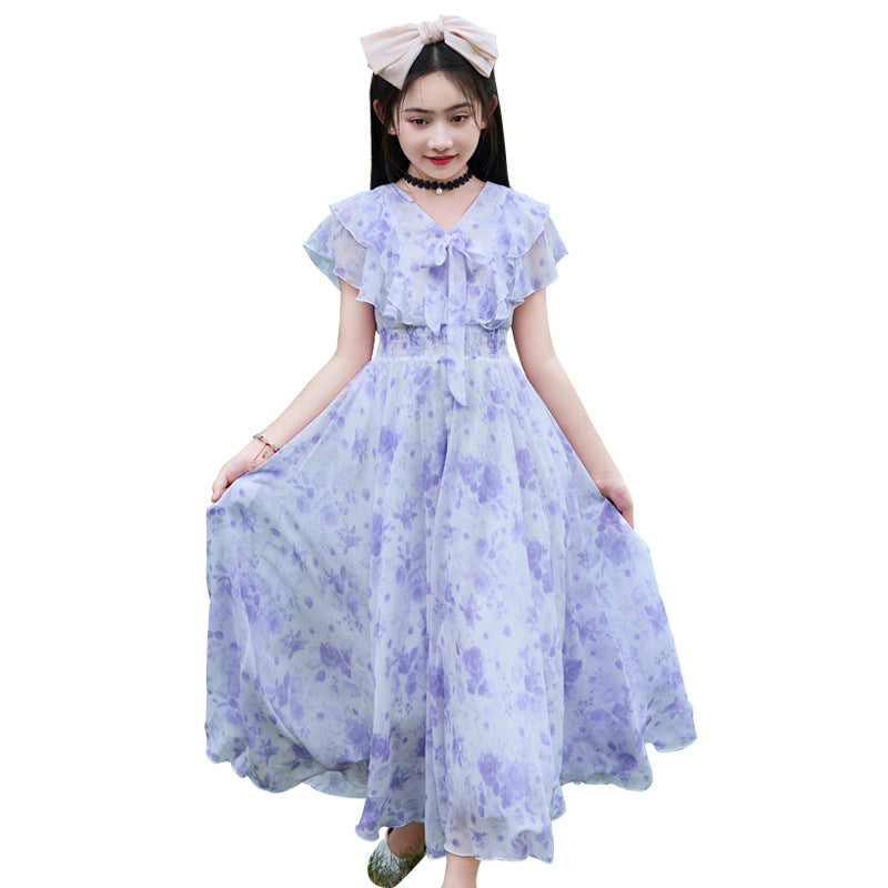 Girls' summer new collection dress - chiffon princess style, floral print beach dress for kids