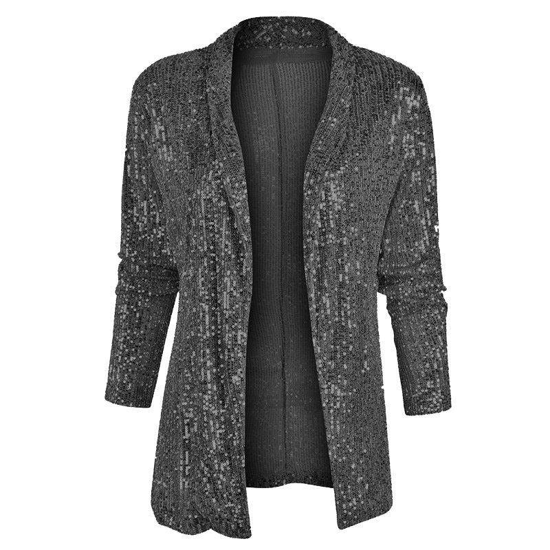 2025 spring new arrival: european and american style sequin long sleeve blazer - elegant mid-length jacket with turn-down collar, perfect for amazon