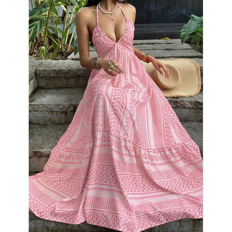 Amazon  summer new arrival: printed beach vacation style v-neck halter backless tie-up dress for women