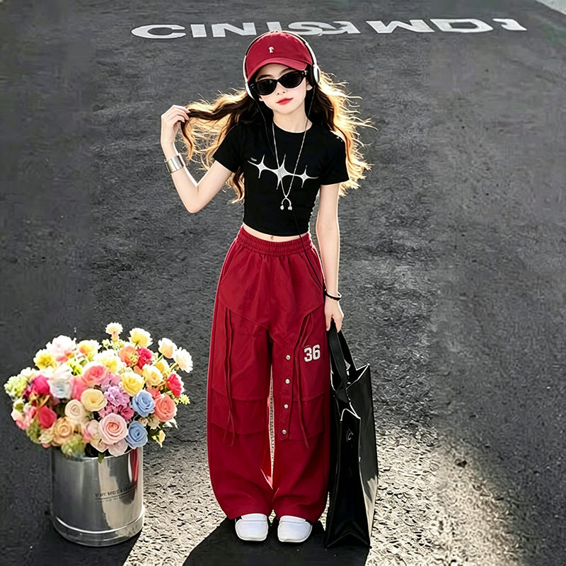 girls' fashion set: new summer letter print girl's short-sleeve loose-fit two-piece printed t-shirt set