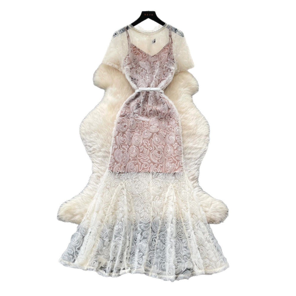 French romantic white lace camisole dress - women's summer high-waisted, slimming, elegant long dress