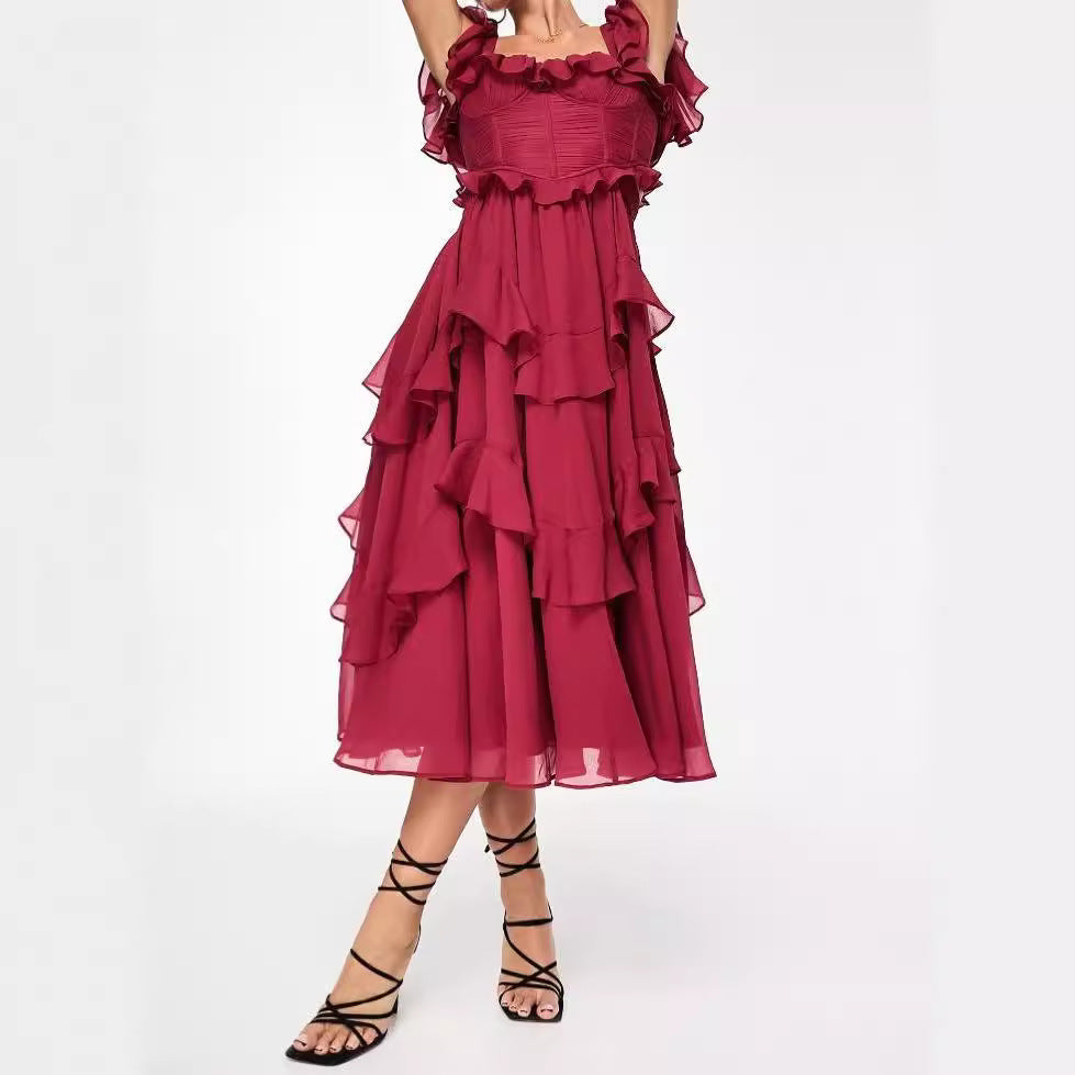 2025 new european and american style formal dress vacation dress lace backless cutout cake dress ruffle pleated maxi dress