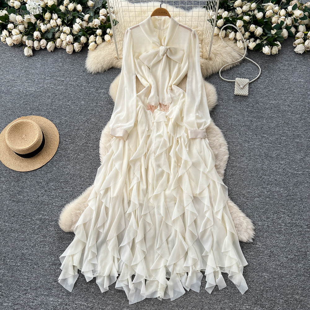 French chic bow-tie long sleeve ruffle hem dress - autumn slimming elegance