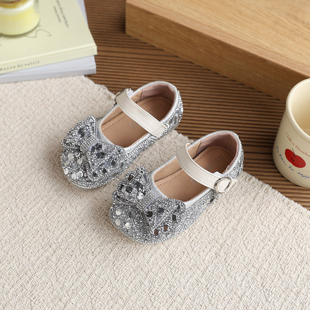 Vancahao girls' rhinestone bow princess shoes,  spring/autumn new korean style children's fashion soft sole leather shoes