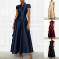 European and american cross-border new arrival: solid color knitted satin short-sleeve a-line dress with cinched waist
