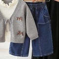 Girls' casual outfit set -  autumn/winter knitted 3d bow sweater jacket & stylish denim jeans two-piece set