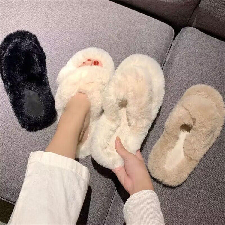 Thick sole cross strap furry slippers for women fall and winteroutwear2023new arrivalplatform shoesthick soleincrease soft bottomfor home cotton slippers