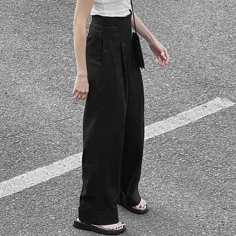 2024 hot-selling European and American simple black mopping wide-leg trousers commuting loose high waist drape suit trousers children