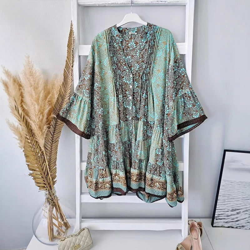 fashion: european and american style, summer new arrival - elegant flared sleeve printed v-neck dress for women