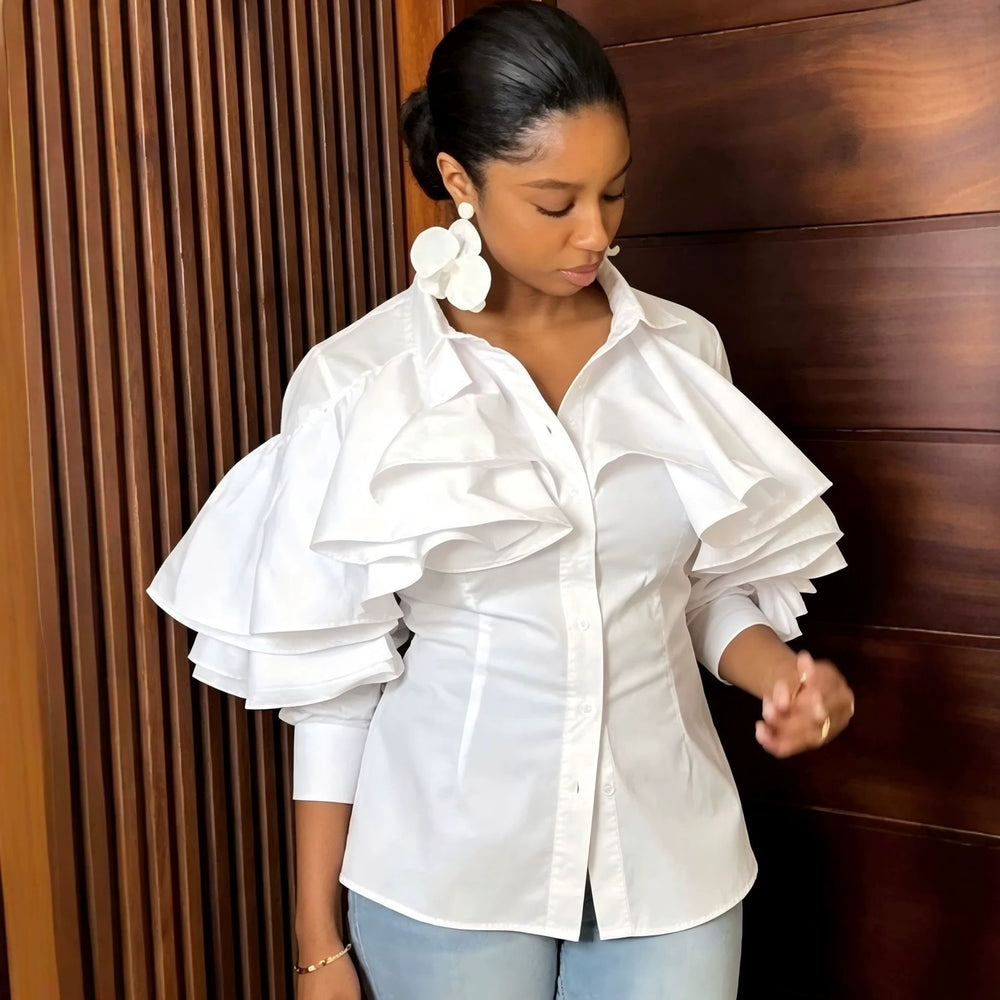 New arrivalfashionsense shirt collar tops multi-layer ruffles waist pure cottonwork clothingeasiest for matchshirt