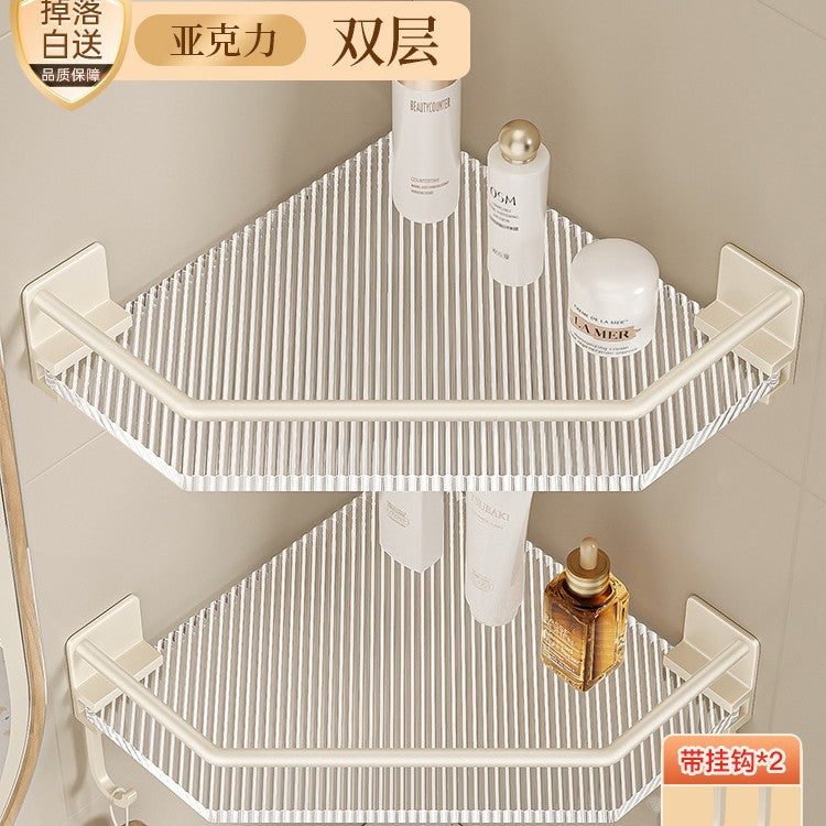 Bathroom shelf, toilet corner organizer, no-drill washroom storage, acrylic off-white tripod shelf