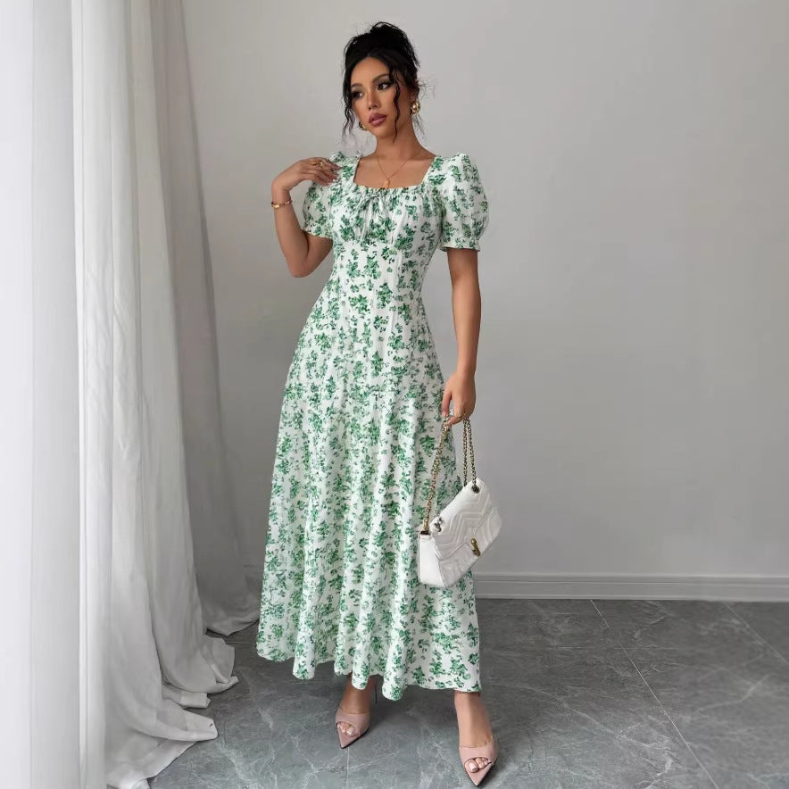 new cross-border french style bubble sleeve v-neck floral print women's dress