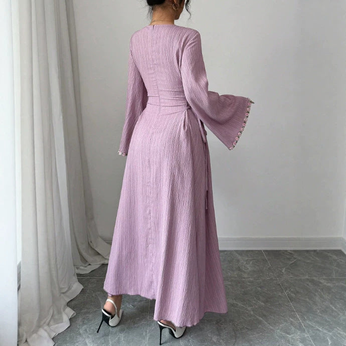 women's purple woven wrap dress with ruffle sleeves - summer sleeve dress