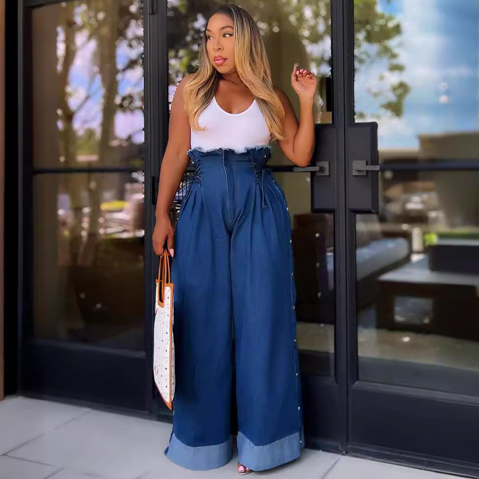 European and american style high-waisted straight-leg jeans -  cross-border women's fashion streetwear casual drawstring elastic wide-leg pants