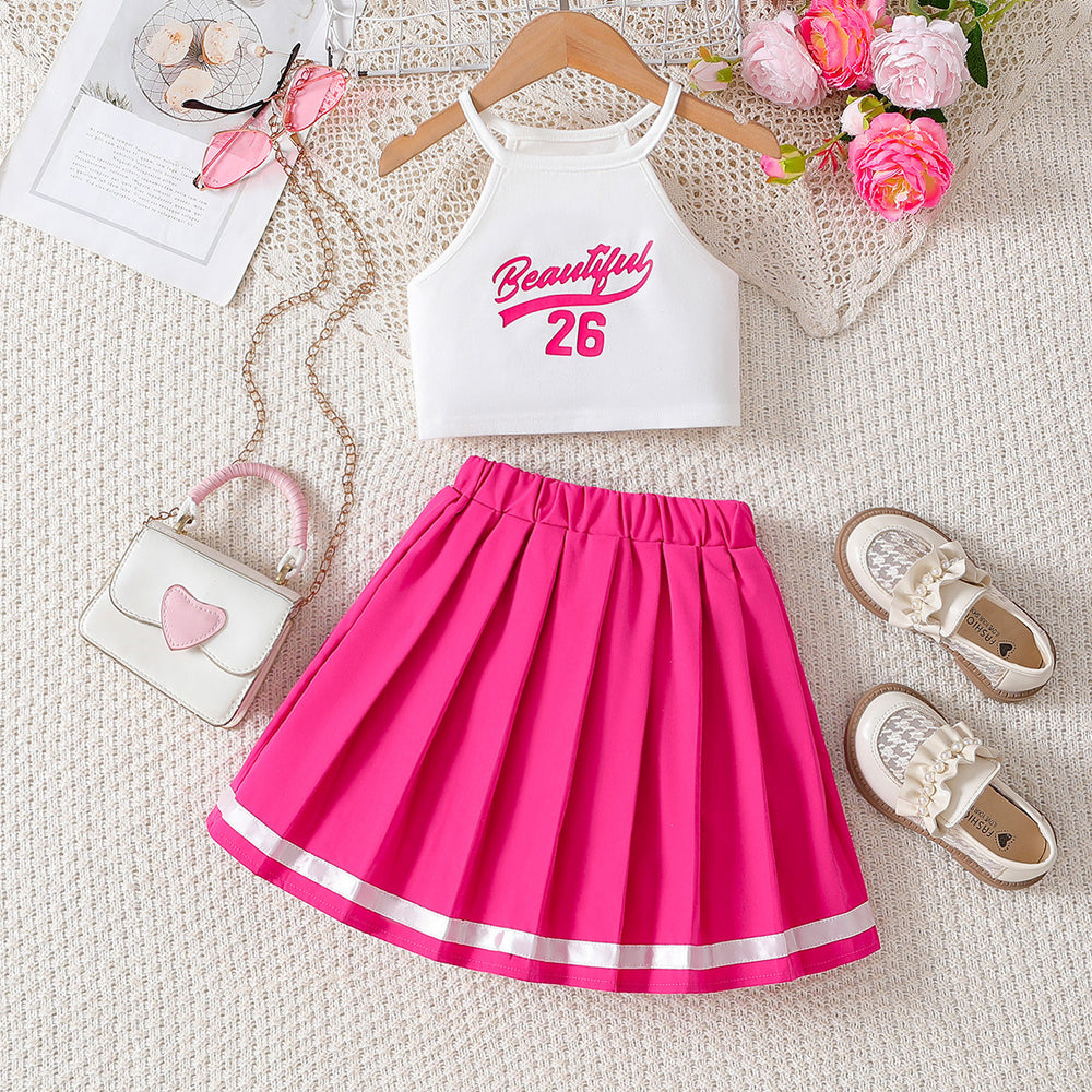 girls' cheerleading outfit set - pink pleated skirt with letter print tank top - performance costume, two-piece activewear for kids