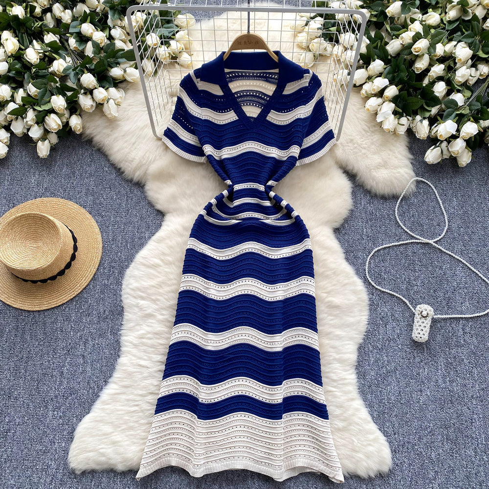 Luxury striped knit dress for women - summer v-neck, hollow-out, lightweight, breathable, slim-fit, designer maxi dress