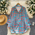 K-styleloosegrids pattern comfortable breathable shirt women's long sleevesspringcardigancommuting boyfriend style lazy sun protection tops