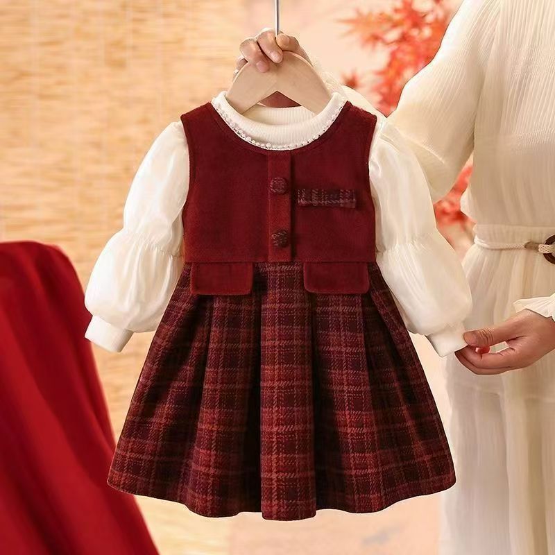 【dropshipping】 stylish kids' fleece-lined autumn/winter vest dress two-piece set - trendy princess dress for baby girls