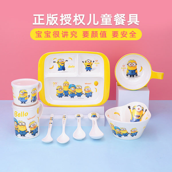 Wuhe complementary food bowl cartoon children's bowl household handle bowl cute minions dinner plate rice bowl spoon plate tableware wholesale