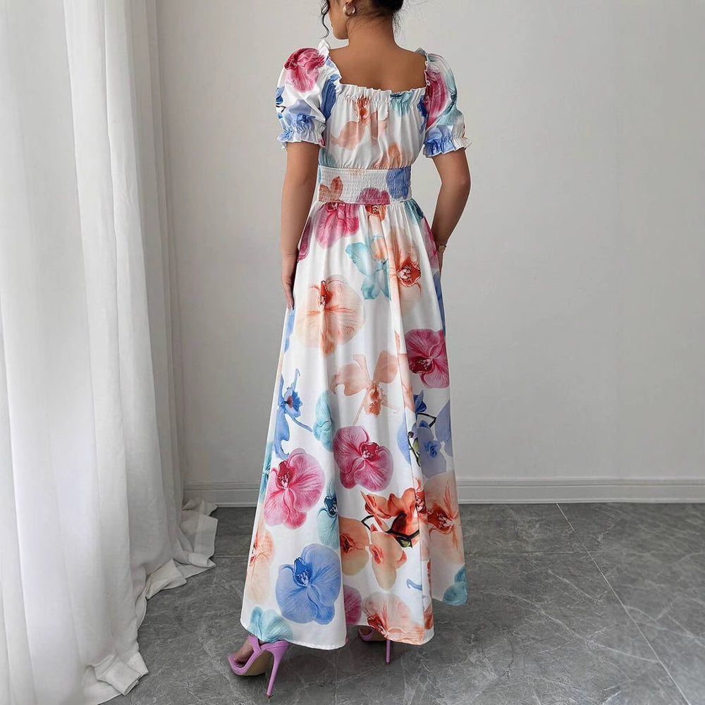 summer  fashion new arrival puff sleeve high waist waist printing women's large swing suspender dress