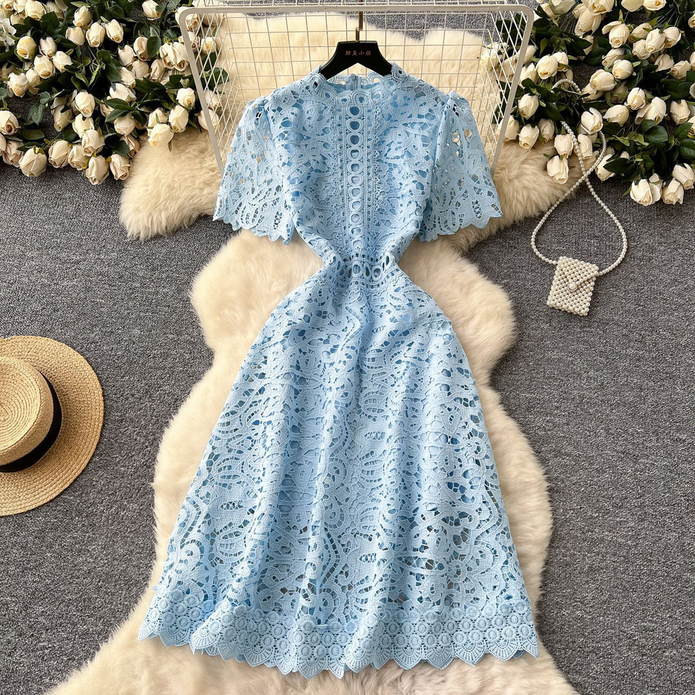 High-end hollow-out crochet lace dress - women's french style, slimming, elegant, short sleeve maxi dress - summer 2025 collection