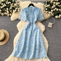 High-end hollow-out crochet lace dress - women's french style, slimming, elegant, short sleeve maxi dress - summer 2025 collection