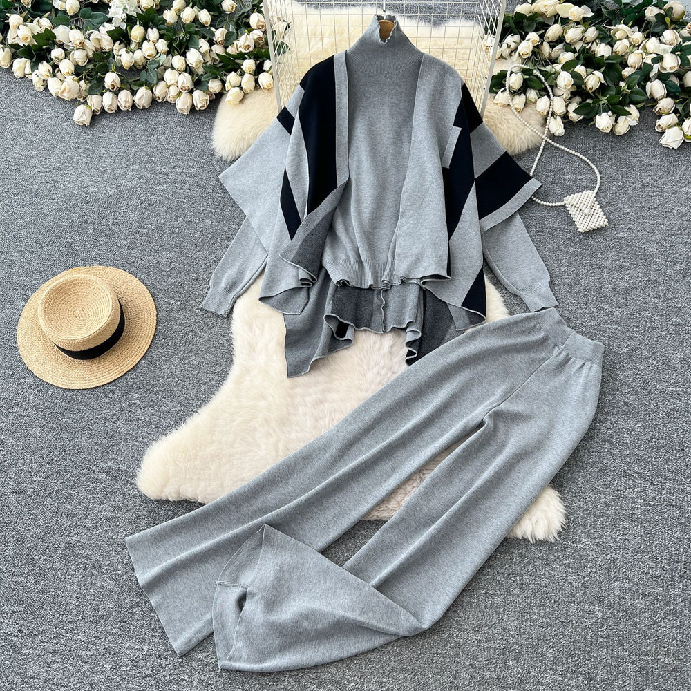 K-stylestripesprinting shawl high collar knittingsweater with high waistdrapedloose-fit silm pants royal sistersuit winter