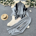 K-stylestripesprinting shawl high collar knittingsweater with high waistdrapedloose-fit silm pants royal sistersuit winter