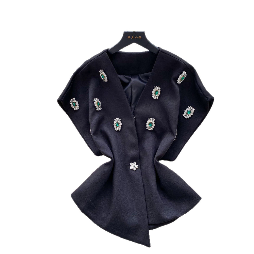 Elegant chanel-inspired, high-end, meticulously crafted, diamond-studded v-neck, short-sleeved, waist-cinching jacket for women. a chic and sophisticated french-style blazer vest, perfect for winter