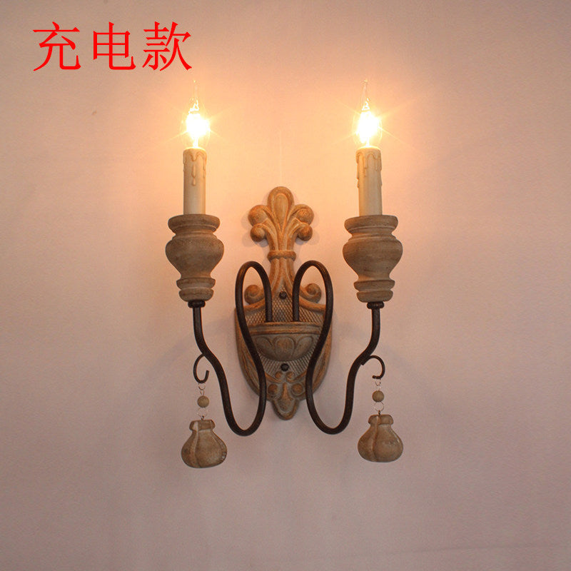 American retro wall lamp - cordless charging, solid wood, french style for living room, bedroom, bedside, hallway, stairway, candle wall sconce