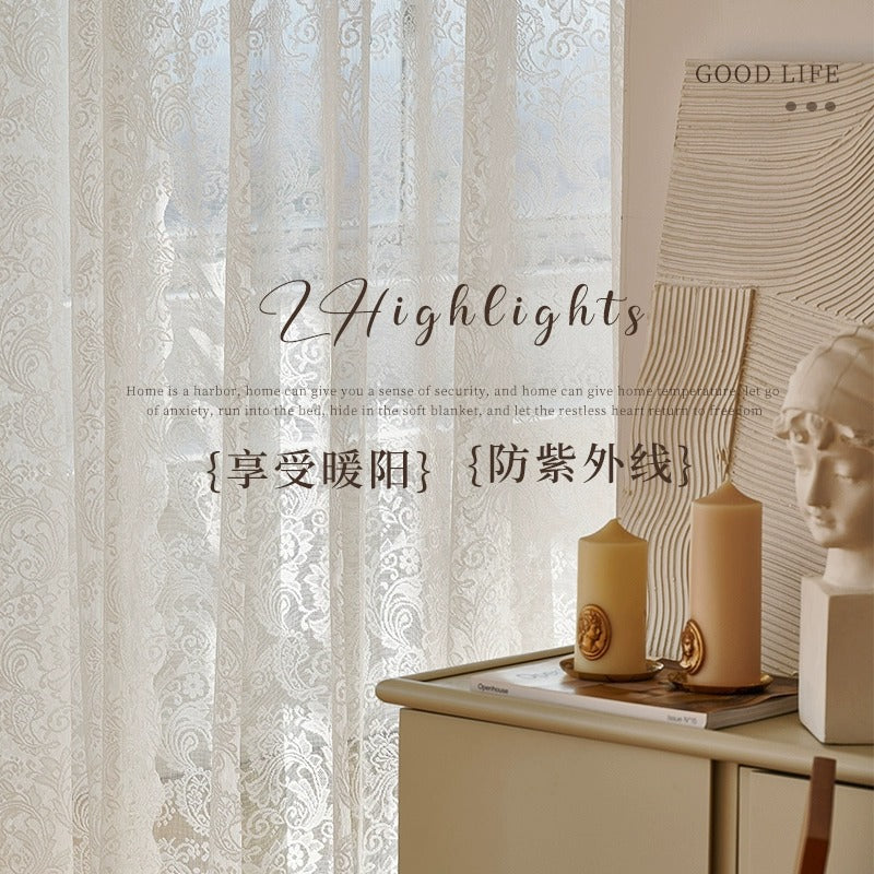 French retro lace sheer curtain, minimalist chic window curtain, no-drill sheer partition curtain, wavy lace curtain decoration