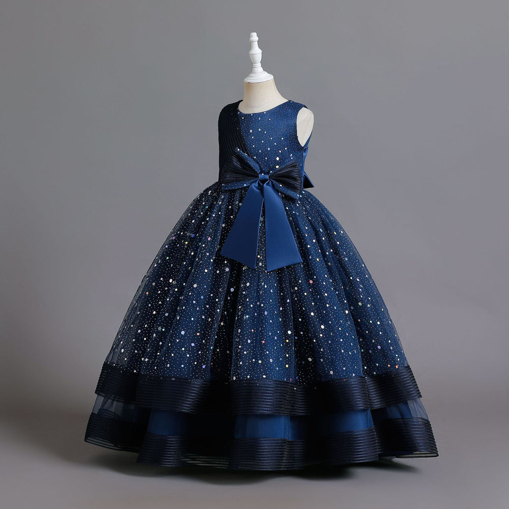 Ready-to-ship wholesale children's polka dot formal dresses, featuring large bow princess skirts for girls, high-end flower girl dresses, and kids' dresses