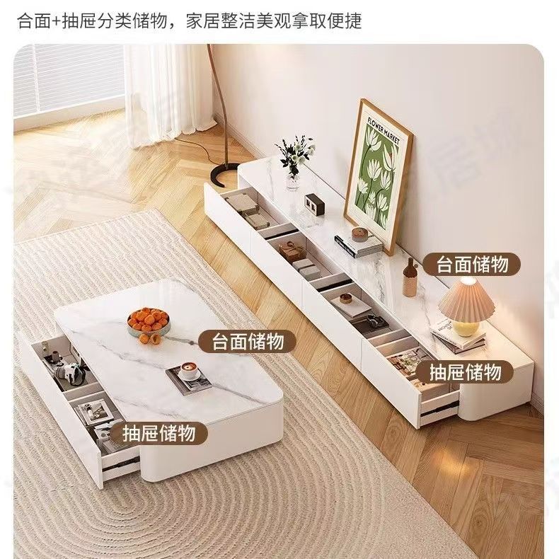 Cream style for home living room small apartment floor-standing tempered glass coffee table tv cabinet combination living room tv cabinet suit