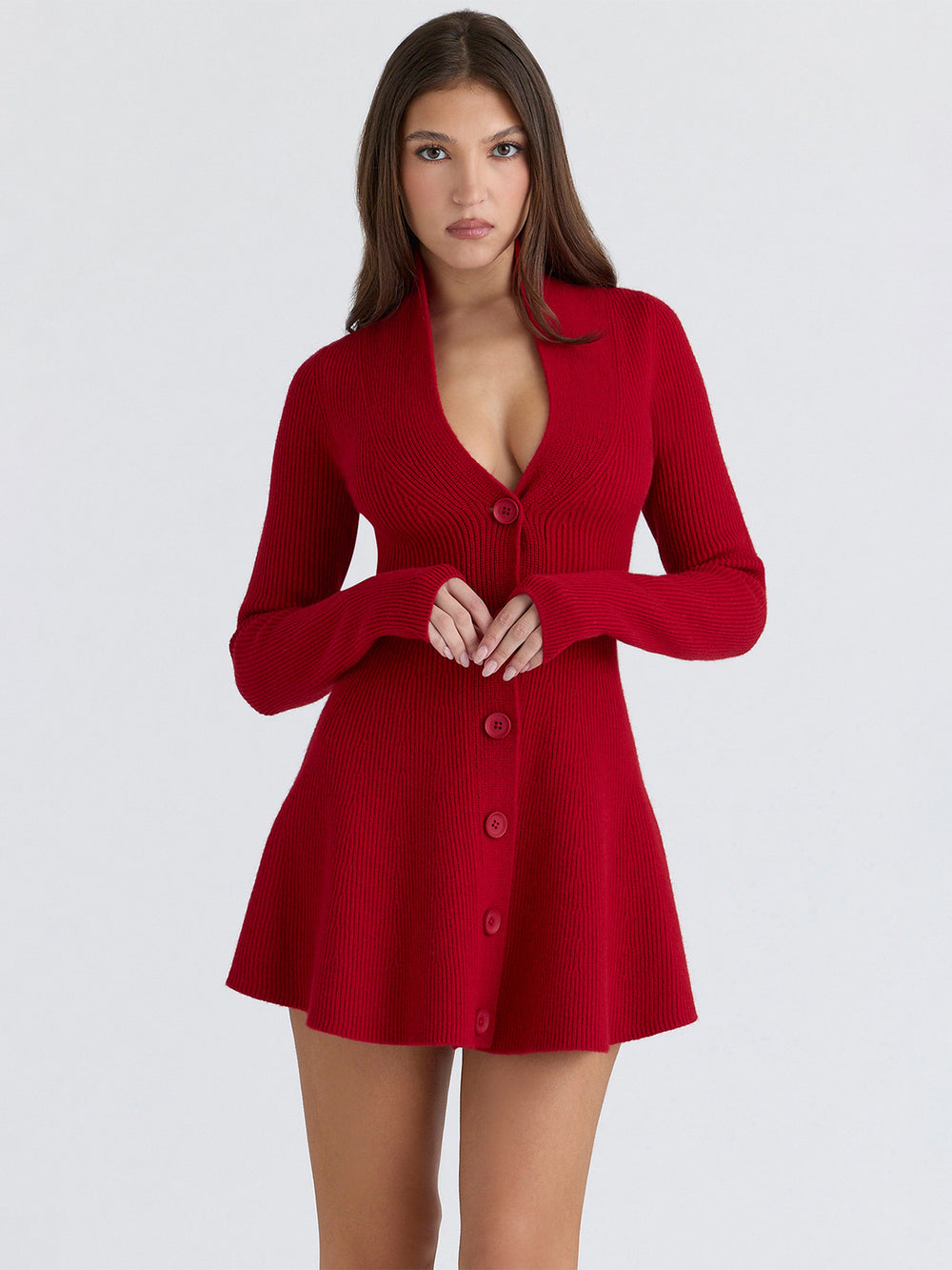 Amazon  fall/winter new women's solid color v-neck single-breasted long sleeve cinched waist sexy knit dress