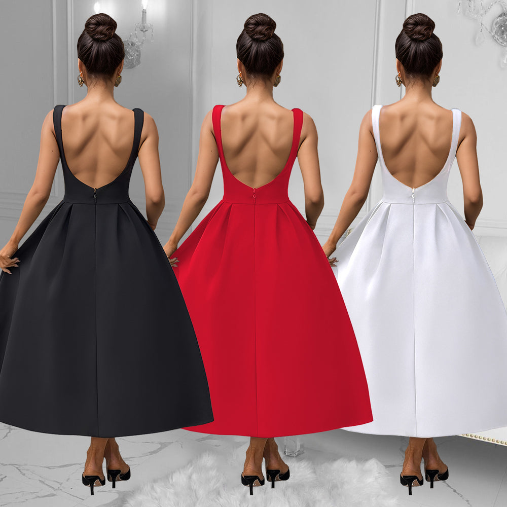 C7145 cross-border   fashion women's backless french vintage sleeveless maxi dress