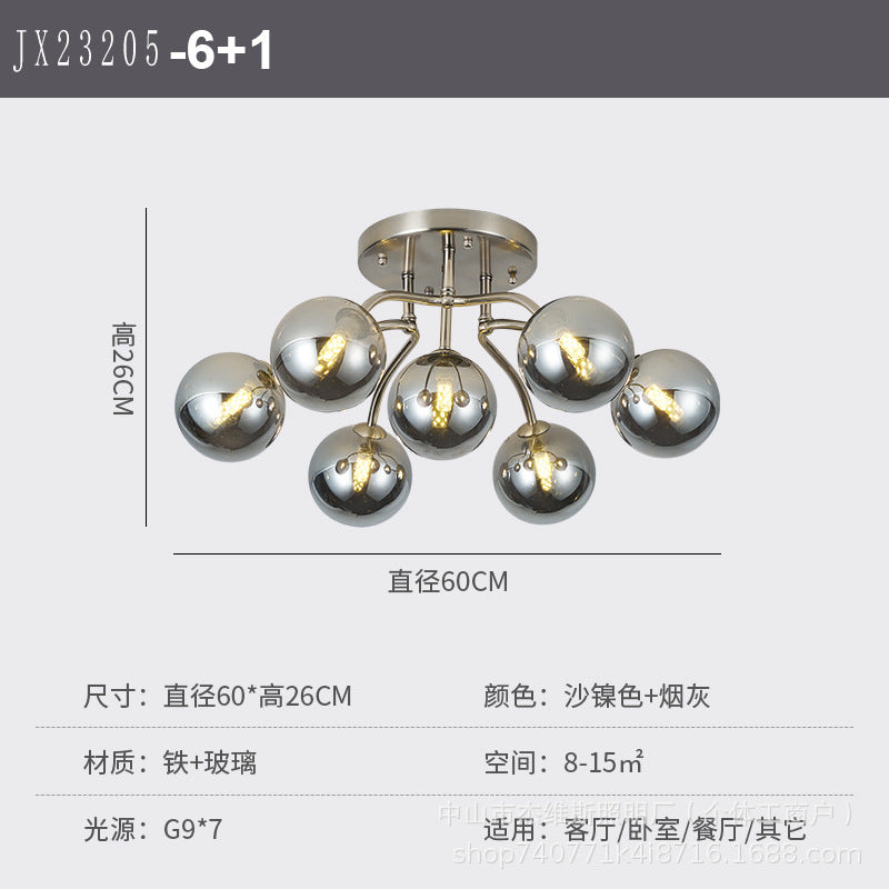 Nordic light luxury magic bean molecular silver electroplated semi-transparent round glass living room chandelier - modern minimalist