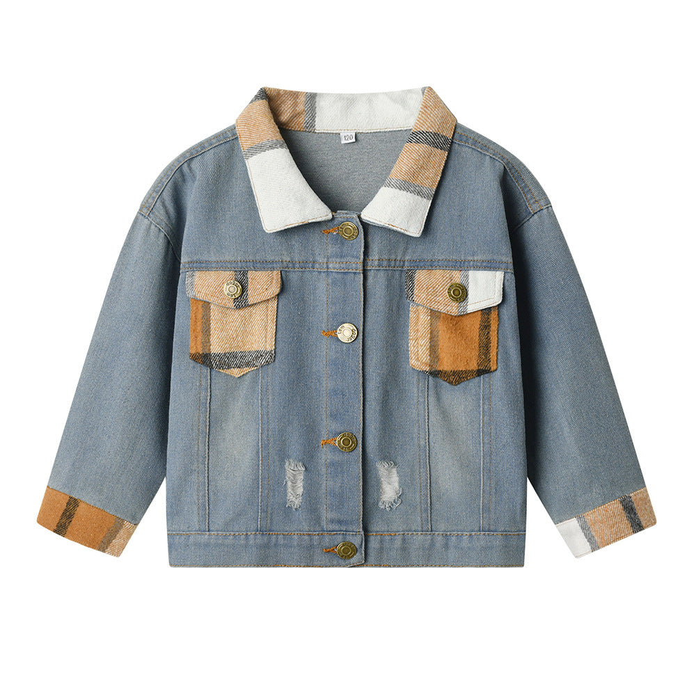 wholesale children's clothing, foreign trade kids' outerwear, new spring and autumn styles for boys and girls, distressed casual jackets, denim tops